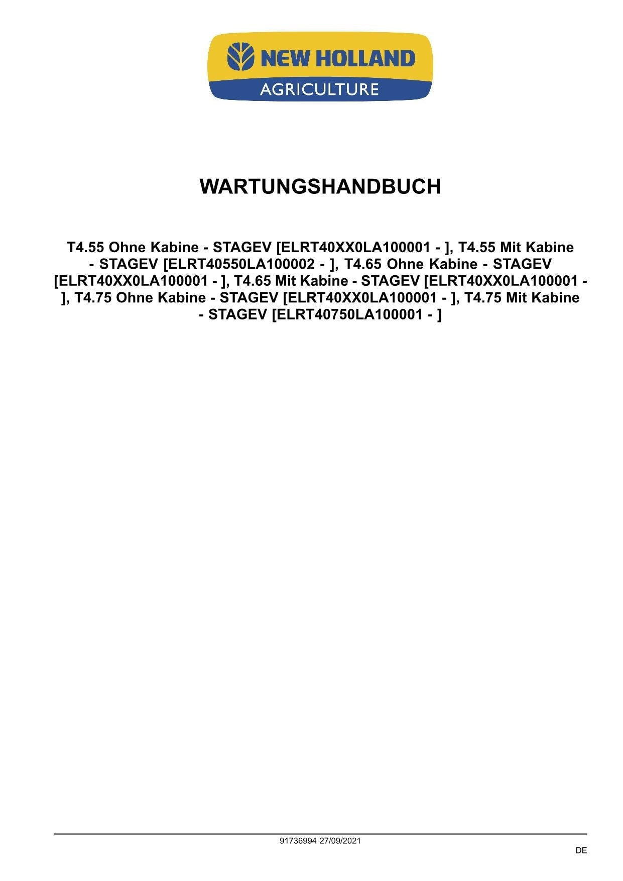 NEW HOLLAND T4.55 T4.65 T4.75 TRAKTOR REPARATURHANDBUCH BUCH